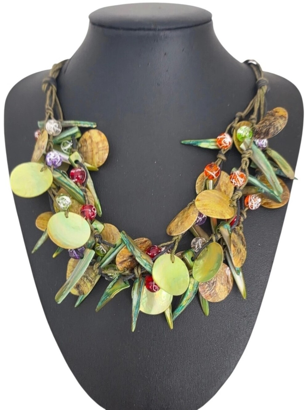Green Abalone Shell Statement Necklace Boho Beach Artisan Bib Mermaidcore 23"